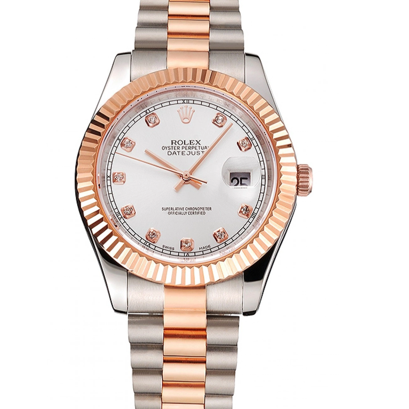 Rolex copies cheap Stainless Datejust White Case Swiss Bezel Dial Gold Steel Tone Rose Two Bracelet Rolex 0717